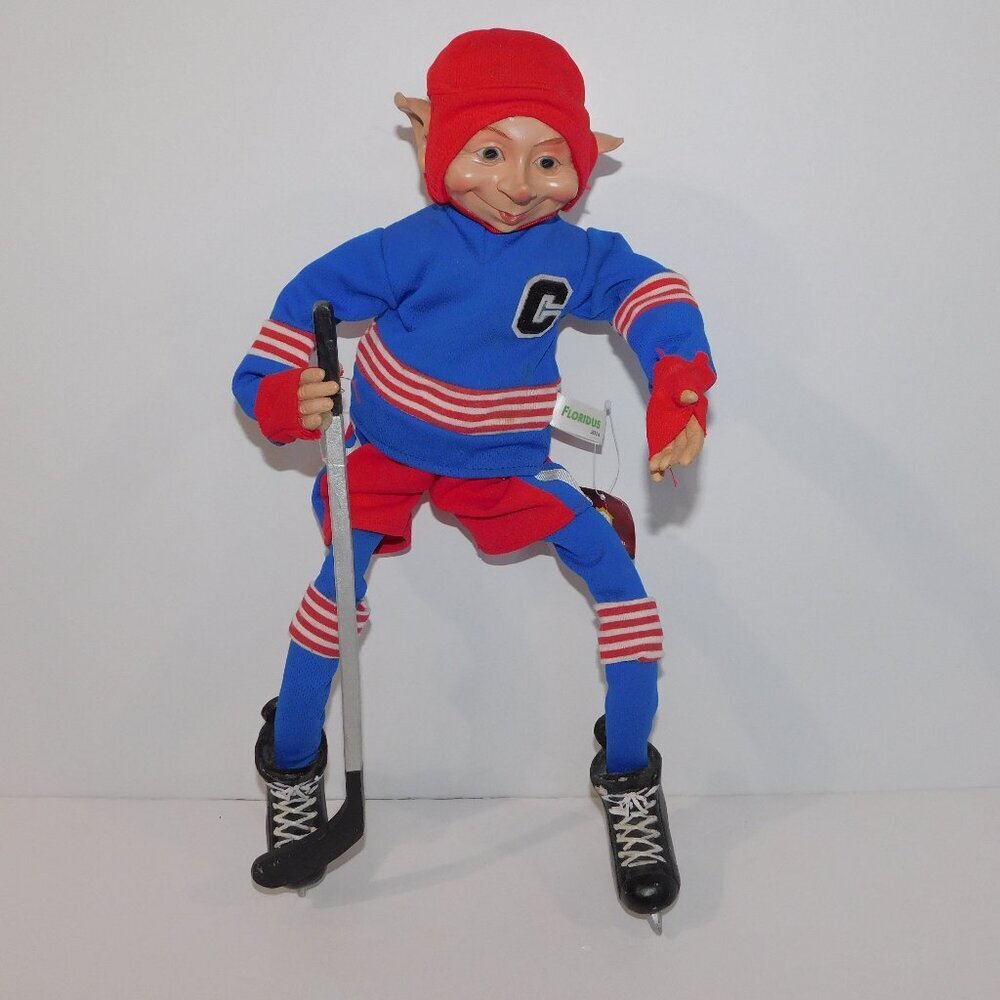 Skating  Hockey Player Elf #5 Floridus 19" Poseable Red Blue Decor New with Tag